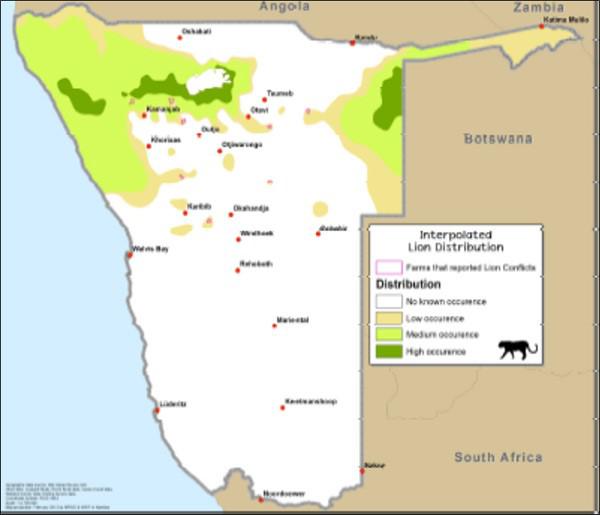 Lion (Panthera leo) distribution in Namibia, Namibia Large Carnivore Atlas (2012)