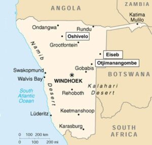 Namibia map depicting Oshivelo and the region that the Catherine Bullen Foundation works in